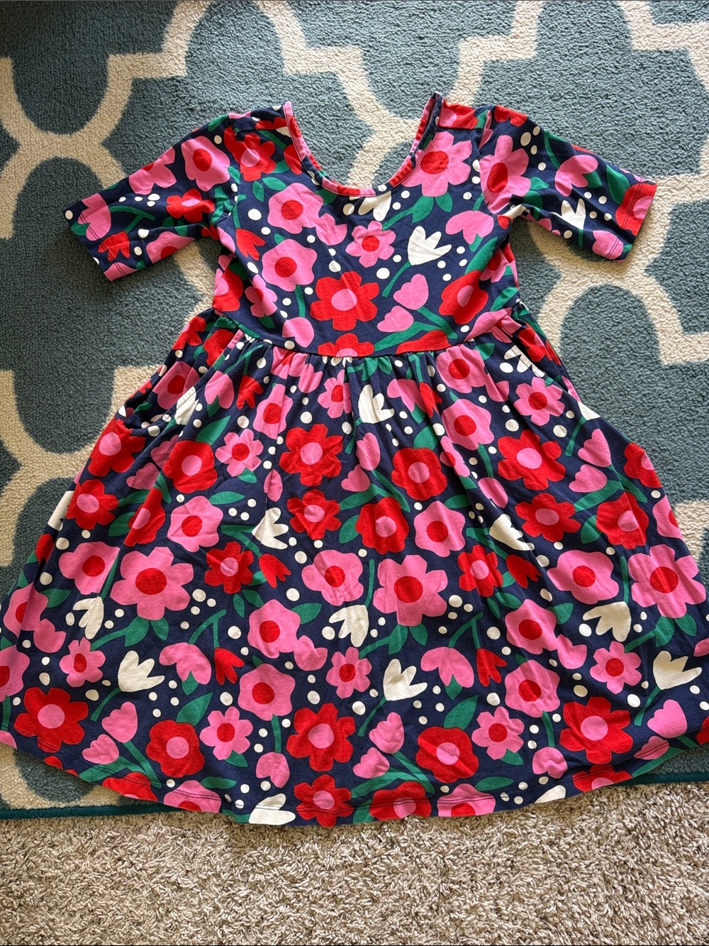 Hanna Andersson Navy Dress with Pink & Red Floral Print